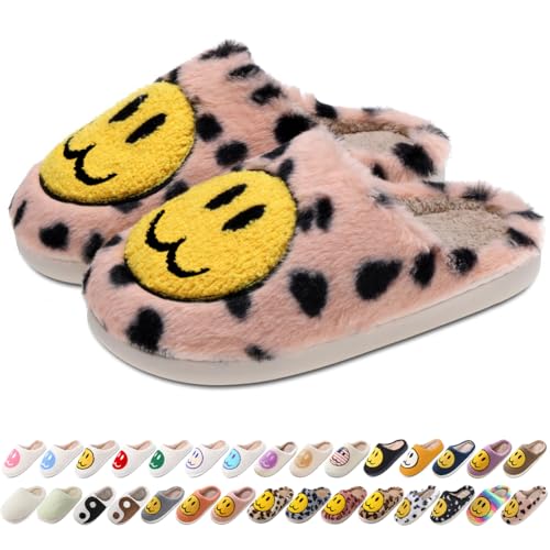 Image of Women's Men's Preppy Happy Face Slippers Comfy Warm Plush Slip-On House Slipper for Winter Indoor Soft Cushion Non-slip Fluffy Slides Slippers