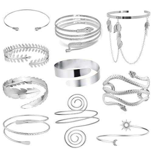 EIELO 10Pcs Arm Cuff Bracelets for Women Upper Arm Bands Snake Feather Armband Greek Goddess Filigree Swirl Boho Armlet Cuff Bangle Adjustable Silvery Arm Bracelet Set