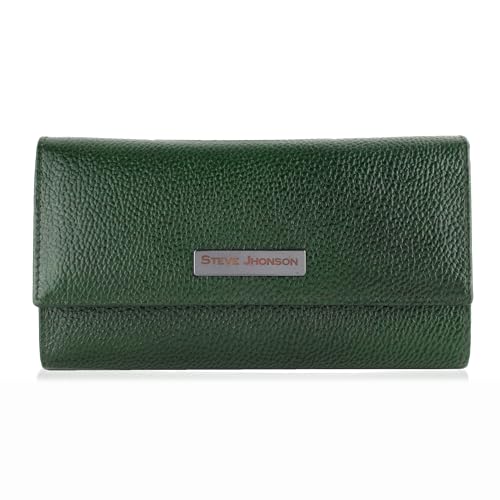 Image of Steve Jhonson Women's Leather Wallet - Compact Hand Purse with Card Holder - Stylish Clutch for Women - Cute Mini Wallet for Daily Use - Slim & Elegant Design (Green)