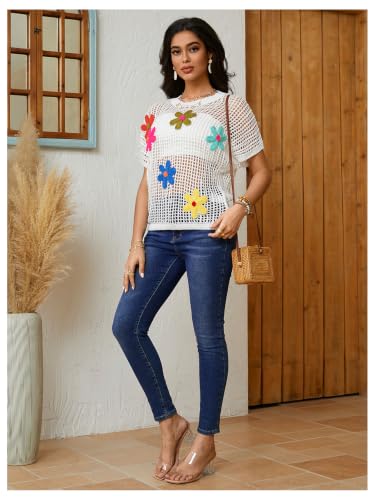 Image of BEAUDRM Women's Floral Crochet Tops Hollow Out Dolman Sleeve Applique Sweater Boho Summer Spring Top