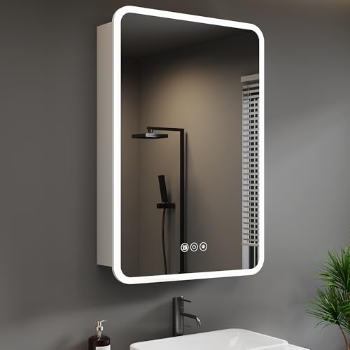 HBEZON Medicine Cabinet with LED Lights and Mirror, 24 x 30 Inch Surface or Recessed Mounted Bathroom Cabinets with Door, Defogger, Memory Function, 3-Color Mode, Outlet&USB, Dimmer, Storage Shelf