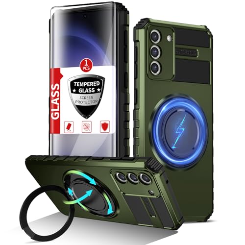 Coque Samsung S23 magnétique verte avec protège-écran et anneau