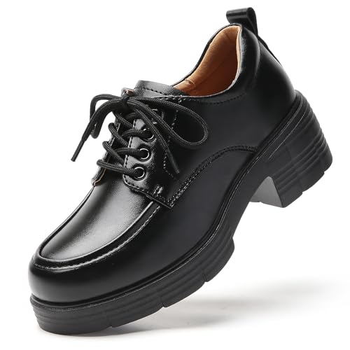 TKKAE Oxford Shoes for Women Black Chunky Platform Oxford Shoes Womens Loafers Comfortable Lace Up Oxfords for Women Stylish Round Toe Dress Shoes for Office Work School Casual Daily Wear Size 7.5