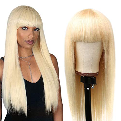DACHIC 613 Blonde Wigs with Bangs Glueless Straight Blonde 613 Human Hair Wigs for Women 150% Density 613 Blonde Bang Wig Human Hair 24 Inch