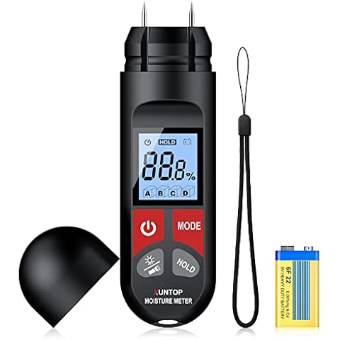 XUNTOP Wood Moisture Meter Handheld LCD Moisture Tester Damp Moisture Tester Detector for Firewood Paper Humidity Measuring with LCD Display Backlight and Flashlight Cover