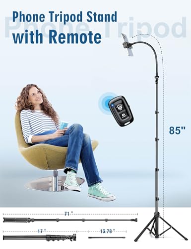 Nineigh Phone Tripod, 85" Tripod for Cell Phone iPhone with Gooseneck, Aluminum Tripods Stand for Video Recording Photo Vlog, Travel Cellphone Tripod with Remote Compatible with iPhone Android