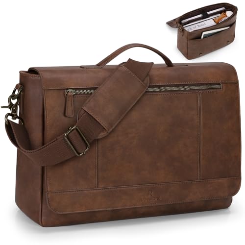RAINSMORE - RAINSMORE Leather Messenger Bag 15.6 Inch Laptop Bag for Men Vintage Briefcase Large Computer Bag Satchel Bag For College,Work,Business,Brown