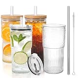 Moretoes Glass Cups with Lids and Straws, 20 oz Glass Tumbler with Lid and Straw Iced Coffee Cup, Glass Cups for Juice Water Smoothie, Glass Drinking Set of 4