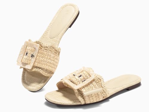 Image of Coutgo Womens Flat Sandals Raffia Slip On Slide Sandal Square Open Toe Buckle Summer Beach Shoes Flats