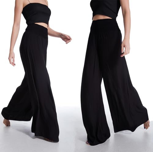 Women's Flowy Wide Leg Palazzo Pants, Loose Elastic High Waisted Beach Casual Culottes3