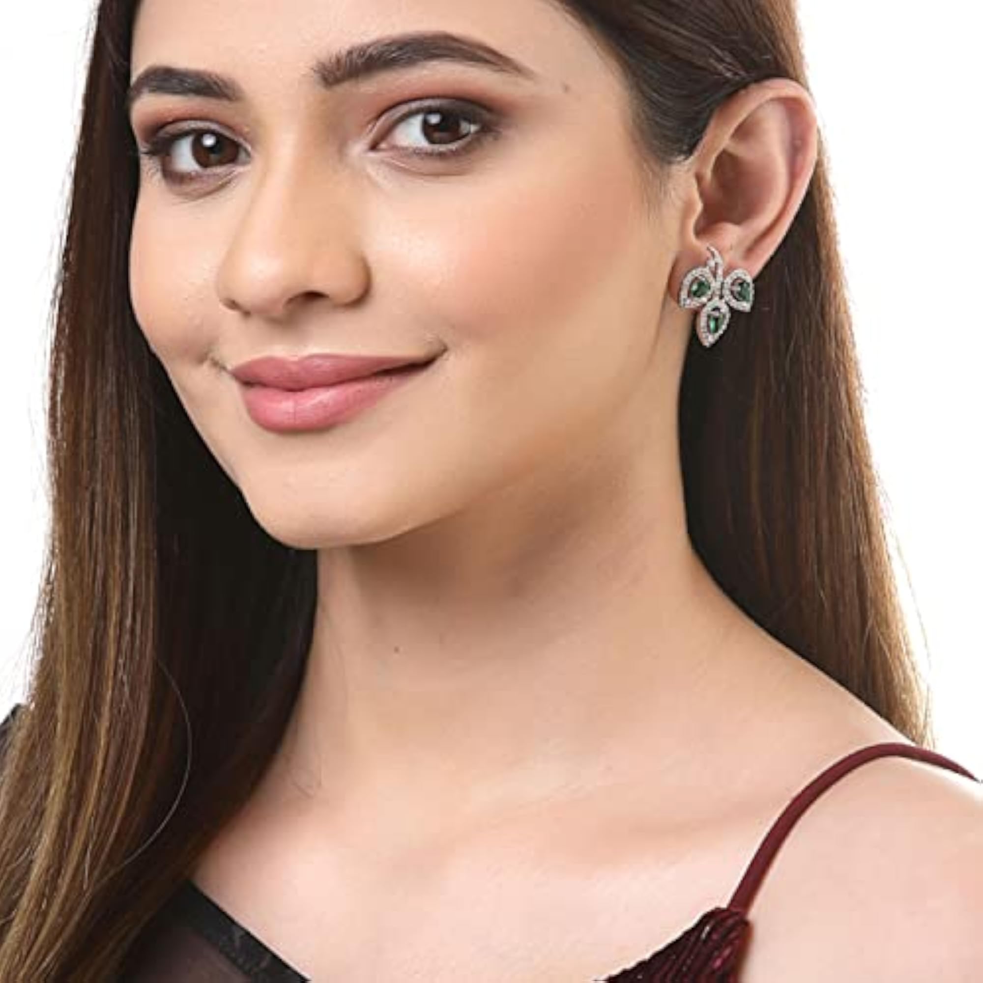 Leaf Shaped Rhodium Plated Diamond Stud Earring (Green)