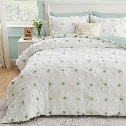 Image of Full Size Comforter Set for Girls Boho Sage Green Flowers Bedding Set