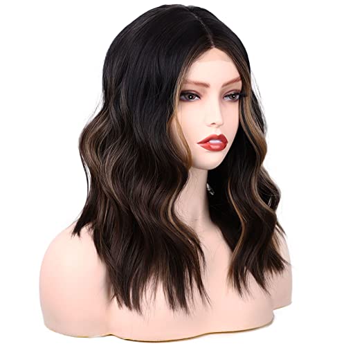Luovce Synthetic Wigs For Women Shoulder Length Short Wavy 14 inches Ombre Highlight #RT1b/27 Color, 25 cm x 35 cm - Image 4