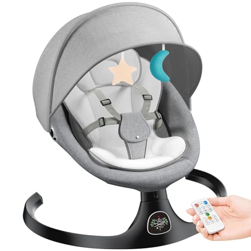 Image of kmaier Electric Baby Swing for Infants, Baby Rocker for Infants with 5 Speeds, 10 Lullabies, Adapter & Battery Operated, Indoor & Outdoor Use, Remote Control, Gray