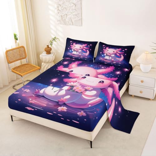 Image of jejeloiu Cute Axolotl Bed Sheets Set King Size Cartoon Pink Axolotl Bed Set Kawaii Salamander Sea Ocean Animal Deep Pocket Fitted Sheet Purple Dreamy Starry Breathable Soft Lightweight Microfiber