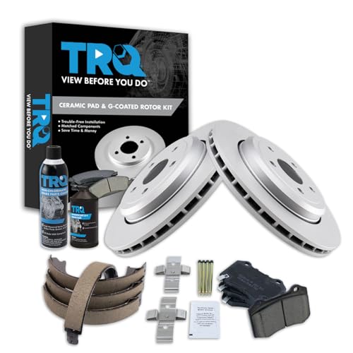 Image of TRQ Rear Brake Pad & Rotor Kit, with Chemical Kit Parking Brake Shoe Set Ceramic Premium G-Coated Compatible with 2018-2019 Dodge Durango 2012-2019 Jeep Grand Cherokee