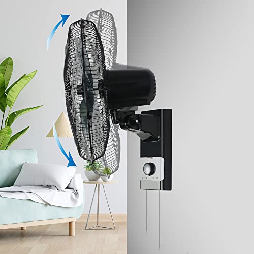 Belaco Wall Fan 16 Inch Wall Mounted 3 Speed Mode Oscillation Fan Tilt Head Easy Install High Airflow 55w Cooler for Summer, Black/Silver - Image 6