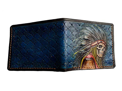 Indian Chief Skull, Native American Patriotic Card Holder, Apache, Headdress, Red Man, Men's 3D Genuine Leather Bifold Wallet, Carved wallet, Tooled wallet, Handmade Custom wallet, Personalized wallet2