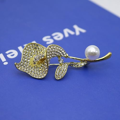 Image of Gold /Silver Calla Lily Crystal Brooches Pins Fashion Beautiful Created Rhinestone Pearl Flower Floral Brooch Good Idea for Party Dance Wedding Banquet for Elegant Women Girl