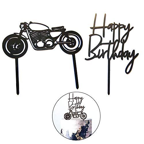2Pcs Acrylic Black Motorcycle Cake Topper Personalised Cake Placard Decoration Baking Cake Locomotive Style Placard Party Dessert Decoration for Mans Birthday Party or Boys Birthday