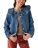 Kedera Women's Jean Jacket Cropped Denim Jacket Long Sleeve Peter Pan Collar Button Down Jean Shirt Crop Top