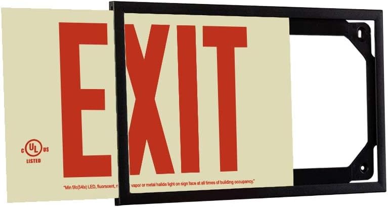 Miniatura 3 de LFI Lights  Letrero de salida fotoluminiscente con letras rojas  Plástico rígido  Distancia de visión de 50 pies  Marco negro  Una cara  Flechas