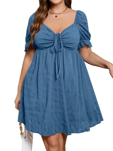 SOLY HUX Womens Plus Size Dresses Summer Sexy Sundresses Sweetheart Neckline Puff Short Sleeve A Line Midi Dress