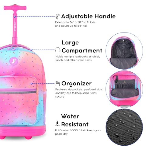 Image of J World Sunrise Kids Rolling Backpack with Wheels for Girls Boys, Roller Bookbag for School, 18 x 13 x 9 Inches, Confetti