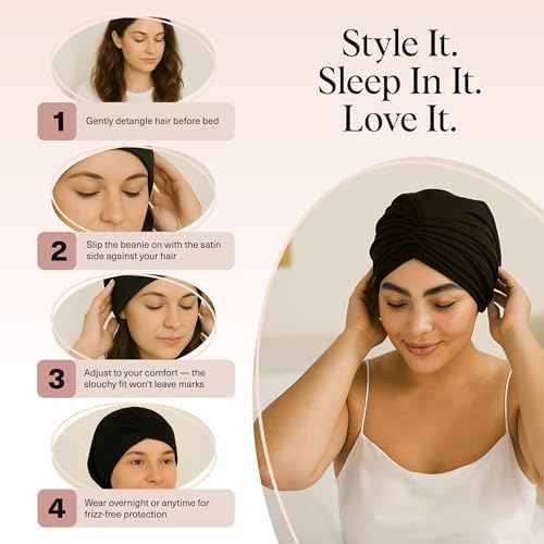 Kitsch Satin Lined Beanie - Hair Wrap for Sleeping Women - Black — view 6