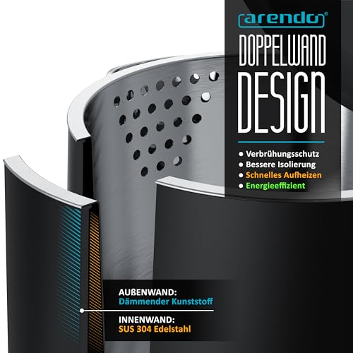 Arendo - Wasserkocher Edelstahl – 1,5 Liter - 2200 Watt – Doppelwand-Design – 360° Controller – BPA-frei – Überhitzungs- und Trockengehschutz - schwarz matt