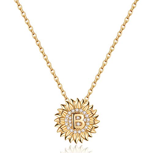 Dainty Sunflower Necklace Sunflower Gifts, CZ Initial B Sunflower Necklace for Women Letter Necklaces for Teen Girls Jewelry Sunflower Gifts for Women 14K Gold Initial Necklaces Sunflower Jewelry