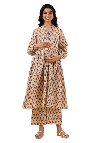 Image of Janasya Women's Pure Cotton Floral Printed A-line Maternity Kurta Pant Set