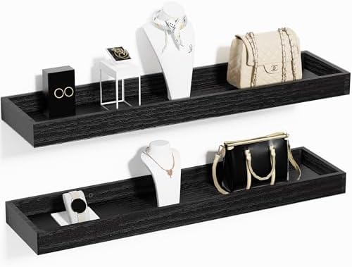 2 Pack 24 in Black Floating Shelves for Wall, Wooden Wall Shelves for Bedroom Living Room Kitchen, Modern and Rustic Bathroom Shelves with Raised Lip, Decor Floating Shelf for Storage Display