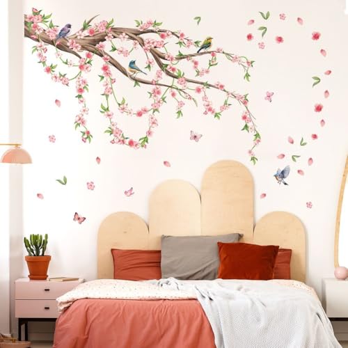 Sawhamale Calcomanías de pared de ramas florales rosadas, mariposas, pájaros, calcomanías de vinilo autoadhesivas de PVC para dormitorio, sala de estar, estudio, decoración moderna y minimalista del