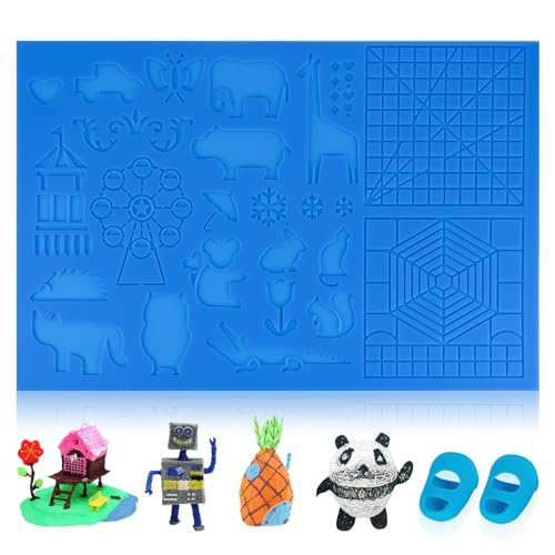 Tapis en silicone pour stylos 3D, modèle de stylo 3D, grand tapis 41,5 x 27,5 cm avec 2 doigtiers, tapis de stylo 3D avec motif animal pour enfants, débutants et artistes de stylos 3D (bleu)