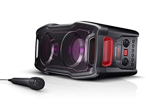 SHARP PS-929 Party Speaker Boombox con función karaoke, microfono incluido, TWS, Bluetooth 2 puertos USB, 2 puertos 6.3 mm, luces multicolor más luz estroboscópica, 180W de potencia y bateria integra