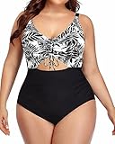 Daci Women Plus Size One Piece Swimsuits - Tummy Control Bathing Suits Cutout Monokini Swimwear White and Black Leaf 24 Plus