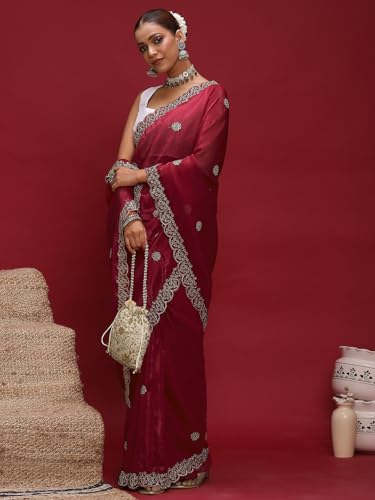 Image of AKHILAM Women's Tissue Embellished Saree With Unstitched Blouse Piece (RANI4701 RN Parent)