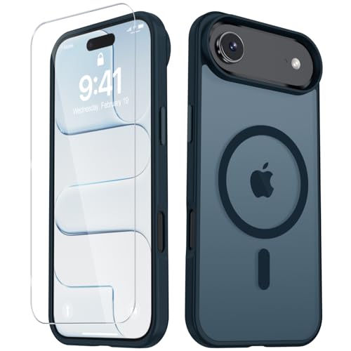 Image of YENAPOON for iPhone Air Case, Matte Magnetic Phone Cover [with 1 Screen Protector] [Support for MagSafe] [Shockproof Military Grade Protection] Translucent Frosted Back, Navy Blue