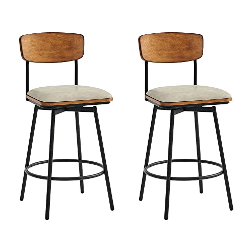 Chita Swivel Counter Height Bar Stools With Back, Faux Leather Upholstered Barstools Set Of 2, 27'' Seat Height, Metal & Wood Frame, Sand Grey #TOP19