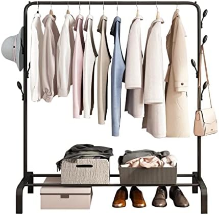 Anmas Box Clothes Rail Garment Rack with Shelves, Metal Cloth Hanger Rail Stand Coat Clothing Rack with 6 Side Hooks, Tidy Rails with Tier Lower Storage Shelf for Shoes Boxes (Black)