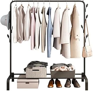 Anmas Box Clothes Rail Garment Rack with Shelves, Metal Cloth Hanger Rail Stand Coat Clothing Rack with 6 Side Hooks, Tidy Rails with Tier Lower Storage Shelf for Shoes Boxes (Black)