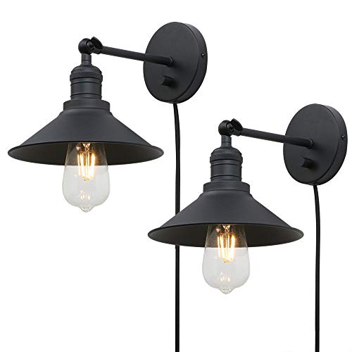 Phansthy Matte Black Bathroom Vanity Light Plug in Sconce Wall Sconces with dimmable Switch and 7.9 Inches Metal Light Shade 2 Packed