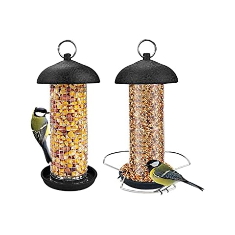 Urban Deco Hanging Mini Bird Feeders Set Metal Tube Mixed Seed Feeder with Hanger Peanut Feeder for Garden Outside Yard Great for Attracting Wild Birds (Black-2 Pack) Cover