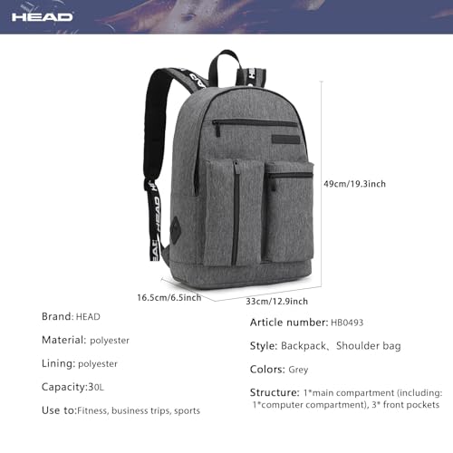 HEAD 30L Laptop Backpack for Men, Lightweight Work Backpacks Fits 15.6 inch Notebook, Waterproof Casual Daypack for Business/College/Travel/Daily, Gray4