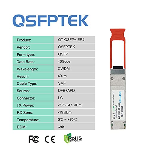 Image of QSFPTEK 40GBASE-ER4 QSFP+ Module, 1310nm 40km DOM LC SMF Optical Transceiver for Juniper QSFP-40G-ER4