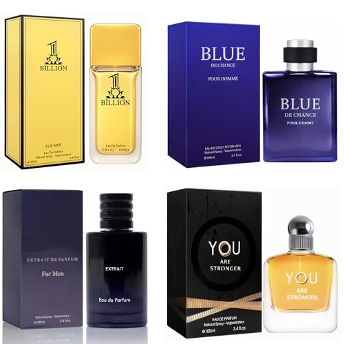 META-BOSEM Mens Cologne Set, Eau de Parfum, 4 Pack (3.4 oz / 100 mL Each), BLUE DE CHANCE, YOU ARE STRONGER, Savag, 1 BILLION FOR MEN, Warm Spice &amp; Vanilla, for workdays to weekends