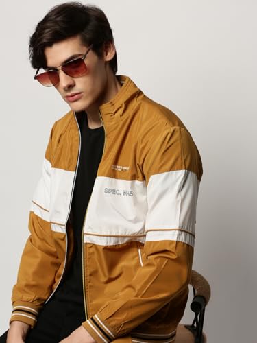 Image of SHOWOFFFF Men Colourblocked Bomber Jacket | Mock Collar Full Sleeves Nylon Jacket for Mens | Slim Fit Regular Length Jacket for Men's