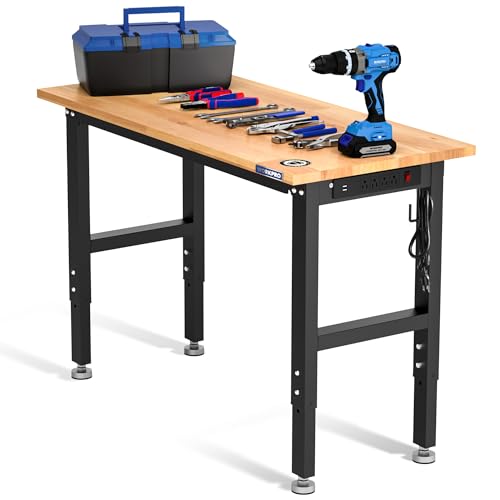 WORKPRO Adjustable Garage Workbench, 48"x22" Rubber Wood Top Heavy-Duty Work Desk with Power Outlets, Leveling Foot, 5 Heights, 1500 LBS Load Capacity Work Benches for Garage, Workshop 48"x2