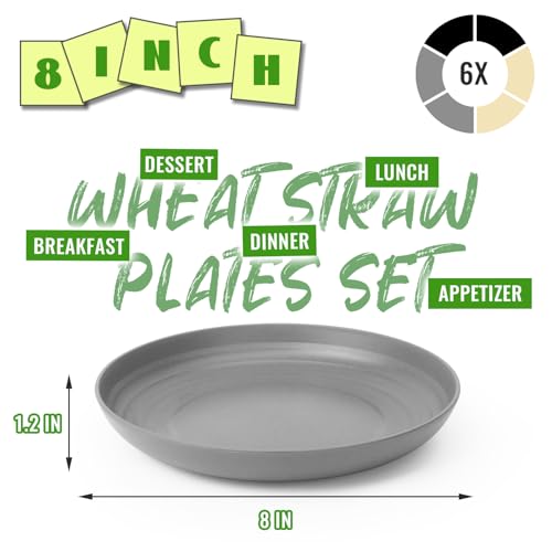 Image of 8In Wheat Straw Small Plates, 6PCS Resuable Deep Plates, GreyStone